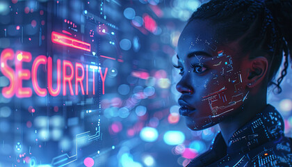 Wall Mural - AI cyber hacking concept banner. Black female cyberspace security IT specialist analysing data threats. African american ai robot, side profile. Matrix digital number rain code. Picture a vibrant, neo