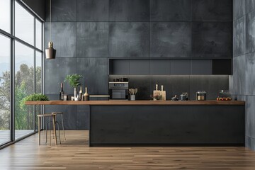 Wall Mural - An appliance-filled grey kitchen with marble countertops and shelves