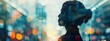 © yj - A double exposure of the silhouette profile portrait and financial graphs overlaying glowing stock market data, with a futuristic urban cityscape background. A conceptual business idea concept.