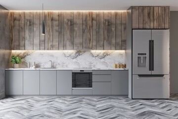 Wall Mural - Kitchen interior with cooking cabinet, kitchenware, and fridge in a luxury home