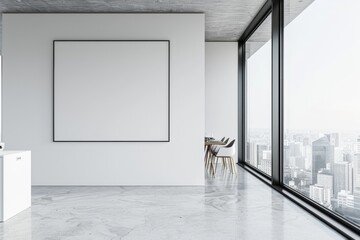 Wall Mural - A contemporary kitchen and dining area with wooden chairs and white tables in a minimalistic style, with a light background, 3D render of an interior design mockup.