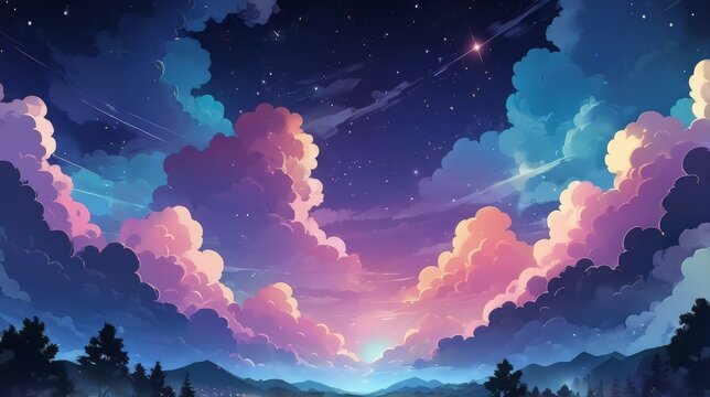 illustration of a beautiful view of mountains and sky at night with a cartoon anime concept. Seashore landscape with lighthouse. night landscape with super moon, dark forest background