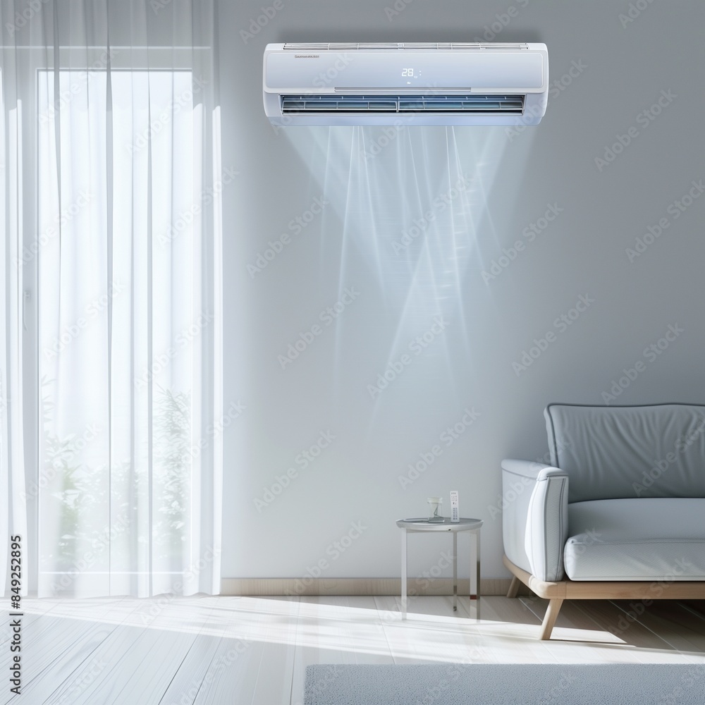 modern air conditioner mounted on a wall in a bright, contemporary room ...