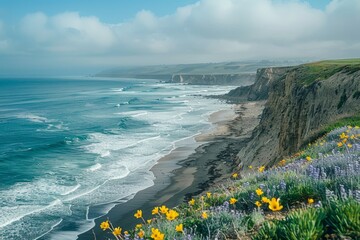 Wall Mural - A stunning view of the California coastline with dramatic cliffs, crashing waves, and vibrant wildflowers blooming in the foreground