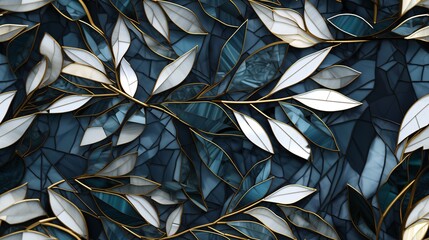 Stained glass painting with abstract leaves on a dark blue background seamless pattern
