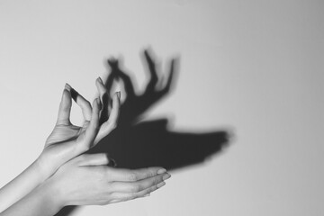 Wall Mural - Shadow puppet. Woman making hand gesture like deer on light background, closeup with space for text. Black and white effect