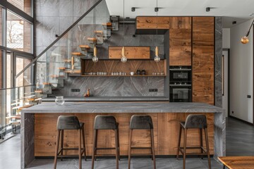 Wall Mural - Stunning modern kitchen with wooden cabinetry, bar stools, and concrete flooring. Interior design concept.