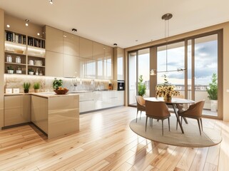 Wall Mural - The interior design of a modern apartment with a modern kitchen and dining area made from wood furniture and a large plant. The concept is minimalist, bright, and airy.