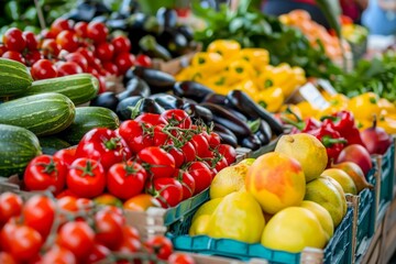 Wall Mural - A colorful display of fresh fruits and vegetables at a farmers market, showcasing a diverse selection of produce