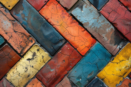 Minimalist aesthetic of colored bricks arranged in a subtle chevron pattern,