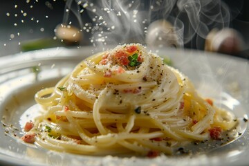 Wall Mural - Close-up view of steaming spaghetti carbonara. Perfectly cooked pasta in creamy sauce, topped with parmesan cheese and parsley