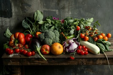 Wall Mural - A selection of fresh vegetables, including tomatoes, peppers, broccoli, and eggplant, arranged on a rustic wooden table