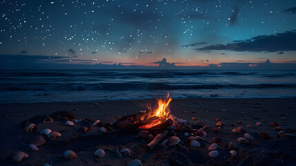 Wall Mural - A fire is burning on a beach at night