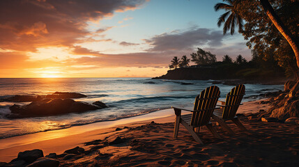 A breathtaking tropical beach sunset: chairs, umbrella, palm leaves, and a calm sea shore. Ideal luxury travel destination banner for vacations or holidays.