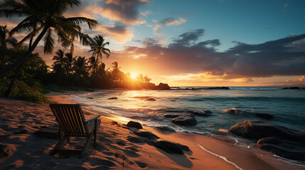 A breathtaking tropical beach sunset: chairs, umbrella, palm leaves, and a calm sea shore. Ideal luxury travel destination banner for vacations or holidays.