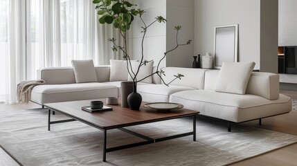 Poster - Modern Rectangular Coffee Table with Black Metal Frame and Walnut Wood Top in a Minimalist Living Room Setting with White Sofa and Rug. Perfect for Contemporary and Stylish Home Decor Concepts.