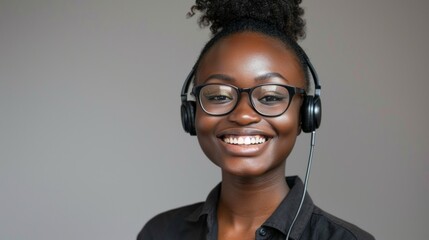 Wall Mural - A woman wearing glasses and headphones is smiling