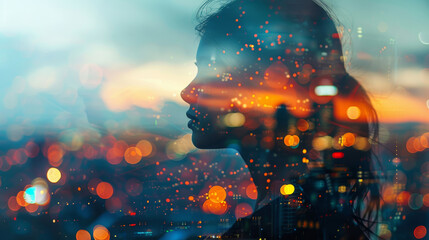 A silhouette of a woman with a cityscape double exposure, copy space