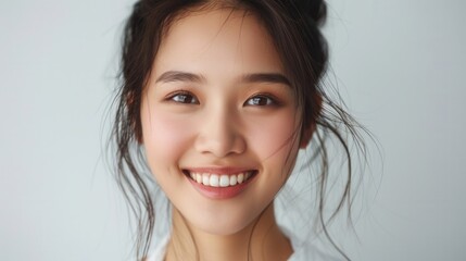 Korean woman with natural makeup, isolated white background, friendly smile