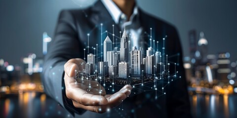 Poster - Businessman holding a virtual hologram icon of real estate with buildings and cityscape on a dark blue background, as a business concept for digital marketing or global network technology