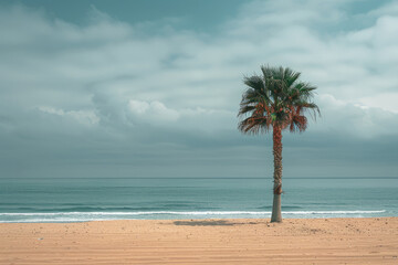 Wall Mural - Simple background showcasing a minimalist beach scene with a single palm tree,