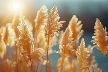 Aufkleber - Minimalist image of a sunlit meadow with tall grass swaying gently,