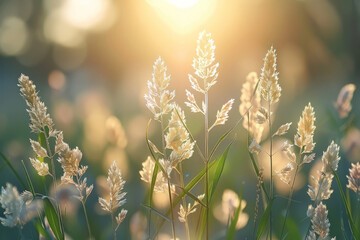 Wall Mural - Minimalist image of a sunlit meadow with tall grass swaying gently,