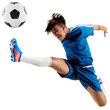 © master1305 - Dynamic image of competitive young man, soccer player in blue uniform in motion , hitting ball, playing isolated on transparent background. Concept of sport, competition, tournament, games