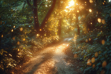 Aufkleber - Elegant background featuring a sun-dappled forest path,