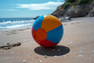 Aufkleber - Simple photo of a single beach ball on a clean sand background,