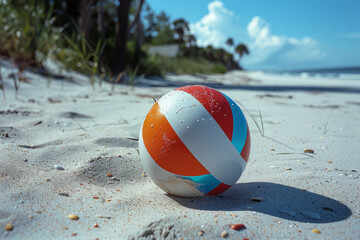 Aufkleber - Simple photo of a single beach ball on a clean sand background,