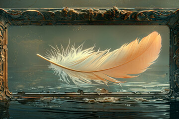Aufkleber - Elegant background featuring a floating feather on water, bordered by a delicate frame,