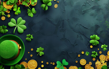 Wall Mural - St. Patrick's Day scene: pot of gold, shamrocks, green hat, festive background.
