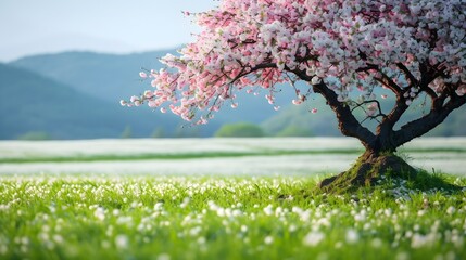 Wall Mural - Green rice field with flowering cherry tree standing UHD Wallpaper