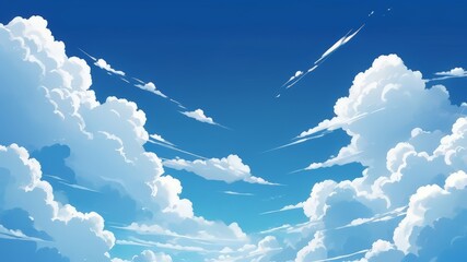 Wall Mural - Illustration blue sky with clouds. Anime style background with shining sun and white fluffy clouds. Illustration of  Cloudy Sky in Anime style.