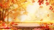 © rawdesign - Autumn leaves scene with wooden table and sunlight glow