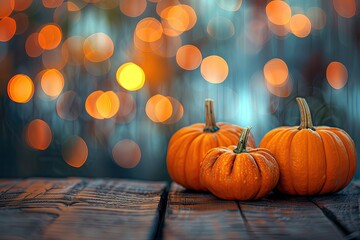 Wall Mural - Yellow Pumpkins on Wooden Table with Bokeh Autumn Background. Halloween or Thanksgiving Backdrop for Product Display