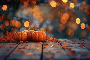 Wall Mural - Yellow Pumpkins on Wooden Table with Bokeh Autumn Background. Halloween or Thanksgiving Backdrop for Product Display