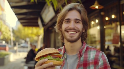 Young man with a hamburger in hand