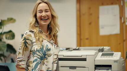 Wall Mural - Happy young woman in a floral dress stands beside a printer in a bright office setting