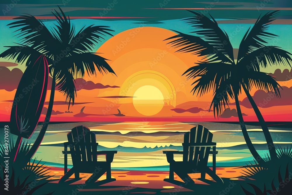 Summer tropical beach background with palms, sky sunrise and sunset ...