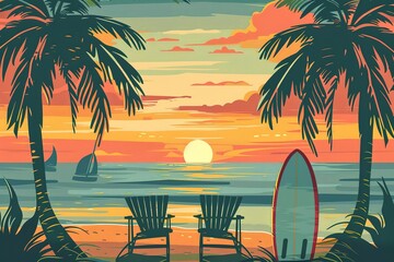 Summer tropical beach background with palms, sky sunrise and sunset. Summer vacation background cartoon concept. Summertime
