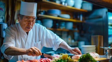 Wall Mural - A Japanese chef expertly slicing fresh sashimi in a traditional kitchen setting.