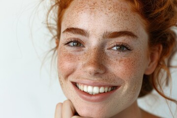 Wall Mural - Beautiful woman with freckles smiling, hand on chin on white background.