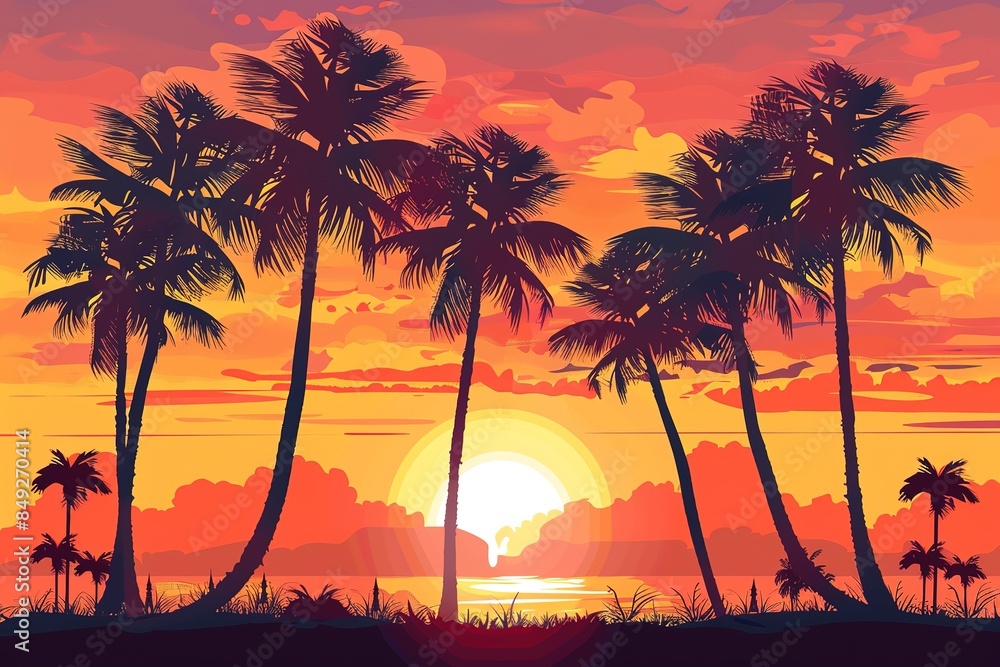 Summer tropical beach background with palms, sky sunrise and sunset ...