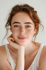 Wall Mural - Young happy beautiful woman with clean fresh skin on white background.