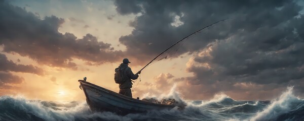 Wall Mural - fisherman fishing fish at sea with high waves. Extremely detailed high resolution illustration