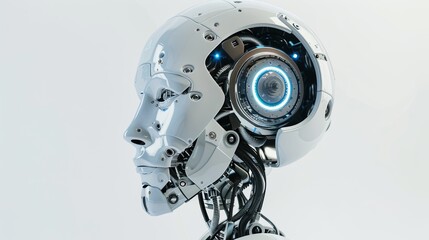 Leinwandbilder - A 3D rendered image of an AI robot head with a digital brain engine visible inside. Isolated on a white background with clipping path. Generative AI