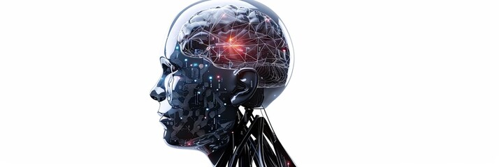 Leinwandbilder - A 3D rendering of a robotic head with a transparent skull revealing a complex digital brain engine. Generative AI