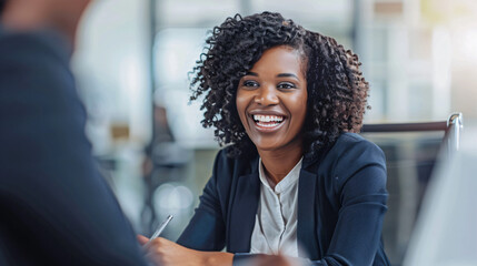 Wall Mural - Cheerful professional woman engaging in a productive business discussion